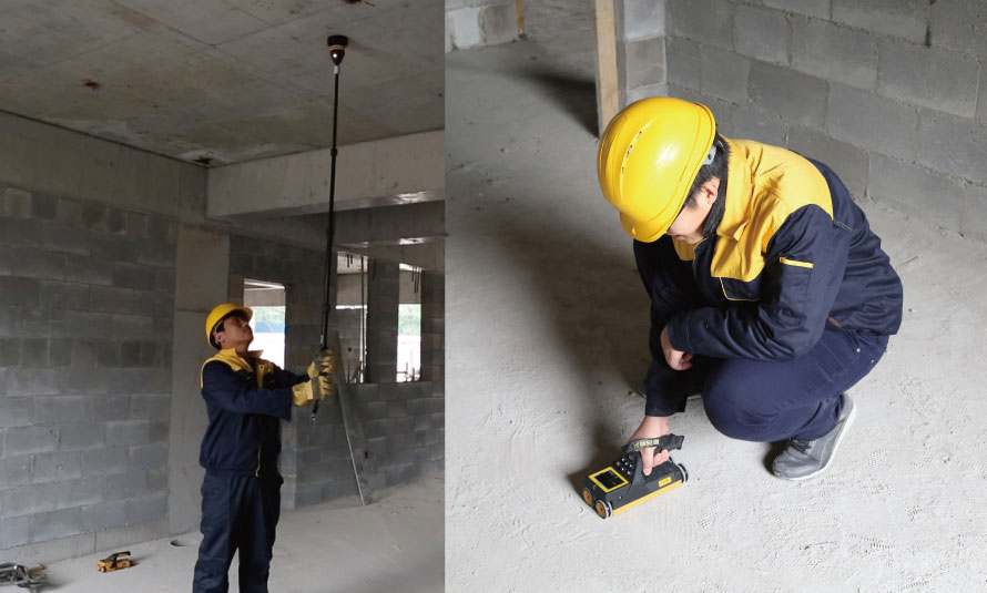 连接发射探头与延长杆，将发射探头顶到被测楼板的底部，固定不动，主机放于被测楼板顶部，进入测量界面开始测量